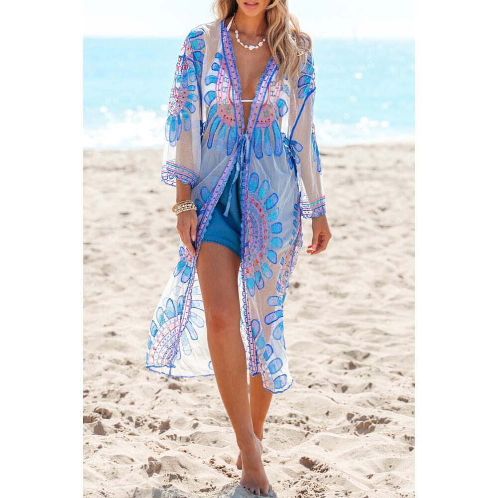 Cupshe Sheer Boho Embroidered Open Front Midi Swim Cover Up Kimono One Size NEW